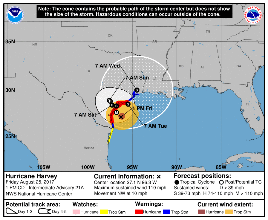 A satellite image of Hurricane Harvey is shown in the Infra-Red band with false color as it approaches the Texas coast near Corpus Christi, Texas.