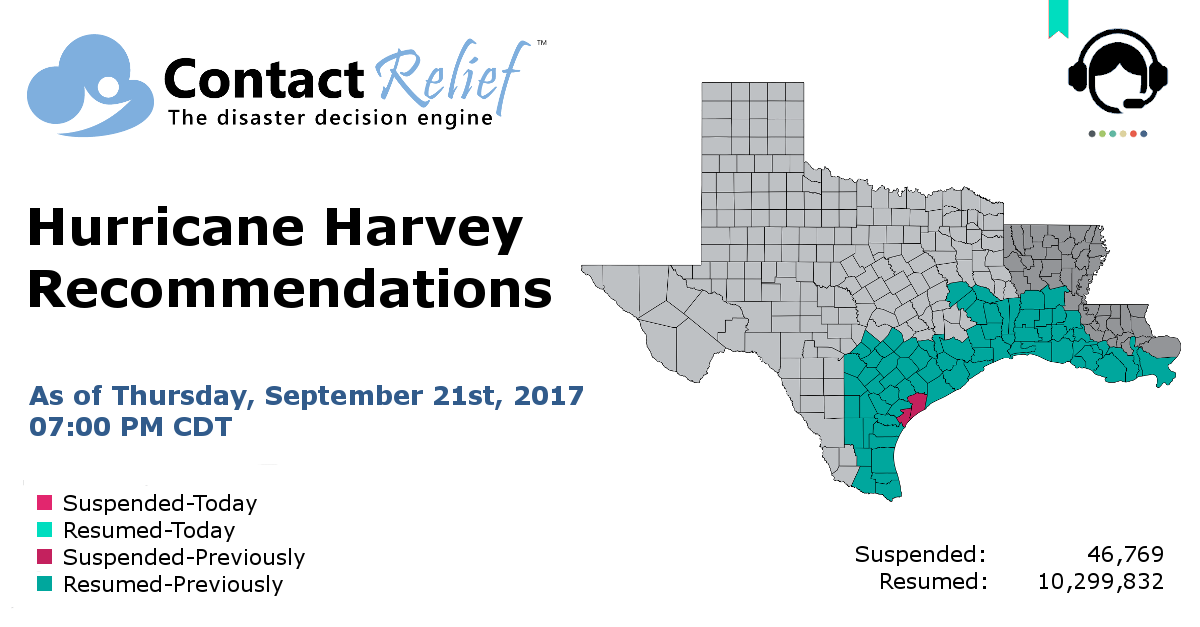 ContactRelief's county by county recomemndations for suspension or resumption of contact are shown on a map
			 of the Texas and Louisiana.

		  .