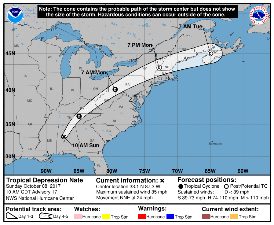 A map of the U.S. and Gulf of Mexico shows the
		  forecasted track of Tropical Storm Nate as it makes landfall in Louisiana.