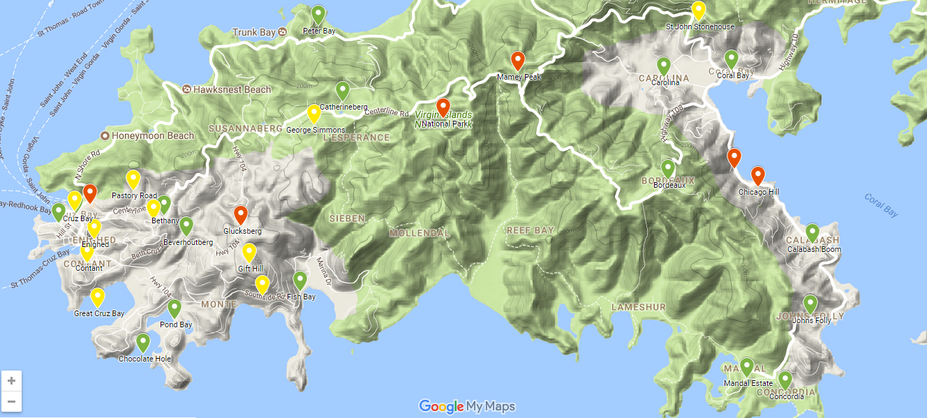 A map of the island of St. John shows the progress
            in restoring electrical power on the island.