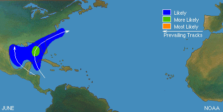 A map of the Atlantic ocean and Gulf of Mexico region depicts areas of likely, more likely, and most likely hurricane paths in June with the likely and more likely paths occuring in the Gulf of Mexico.