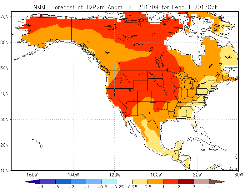 A map of the United States shows the
		  NMME Temperature forecast for OCT 2017. (Courtesy: Climate Prediction Center).
	   .