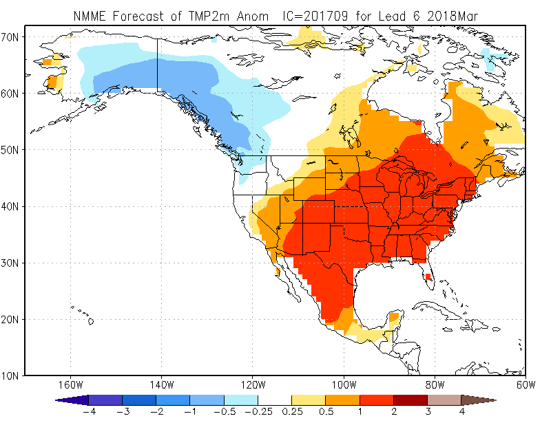 A map of the United States shows the
		  NMME Temperature forecast for MAR 2018. (Courtesy: Climate Prediction Center).
	   .