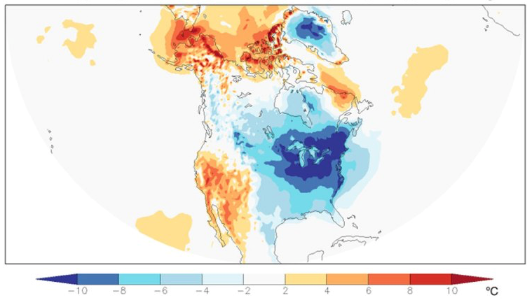 A map centered on the North American continent shows temperature as departures from normal temperature
                from December 25, 2017 to January 7, 2018 over the Great Lakes region
               .