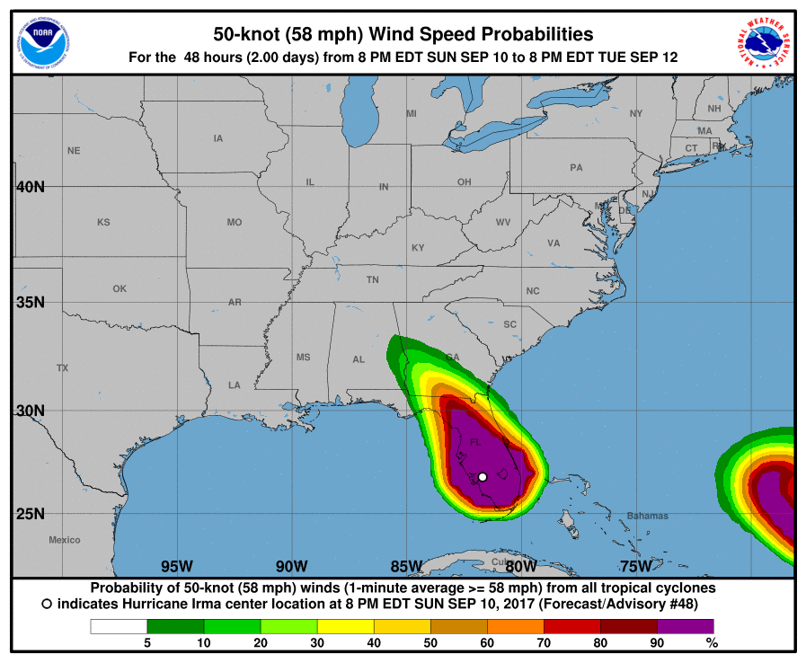 A map of the U.S. shows the wind speed probabilities of 50 knot winds 48 hours from 8 PM, Sunday September 10, 2017.