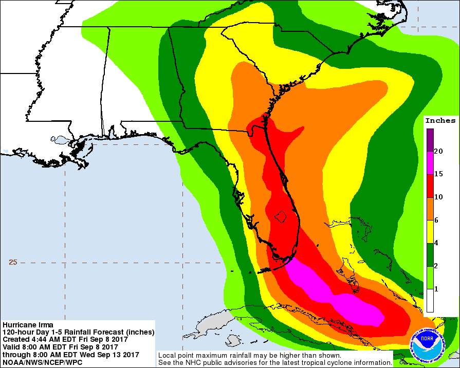 A map oo the southeastern U.S. shows the 5-day forecasted path of Hurricane Irma proecting it travel up the Florida penensuila and into Georgia.