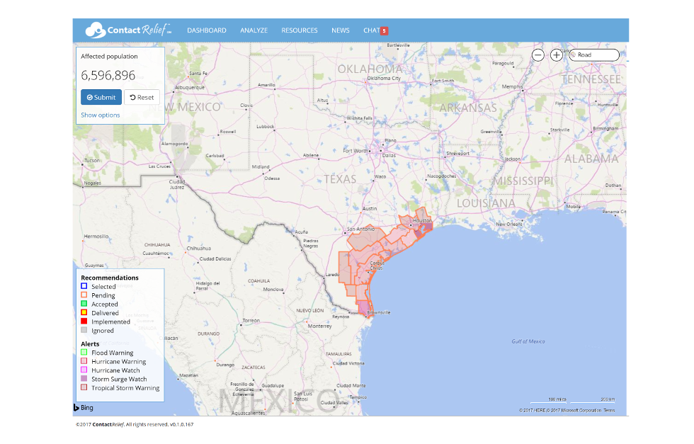 Hurricane Warnings are shown up the Texas coast from Brownsville to Houston coast as of result of the approaching Tropical Storm Harvey.