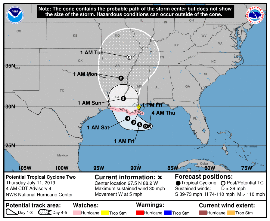 Potential Tropical Cyclone Barry Nearly at Tropical Depression Strength