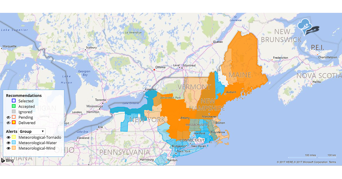 A map of the United States centered on New Engliand is shown where high wind warning have been issued.