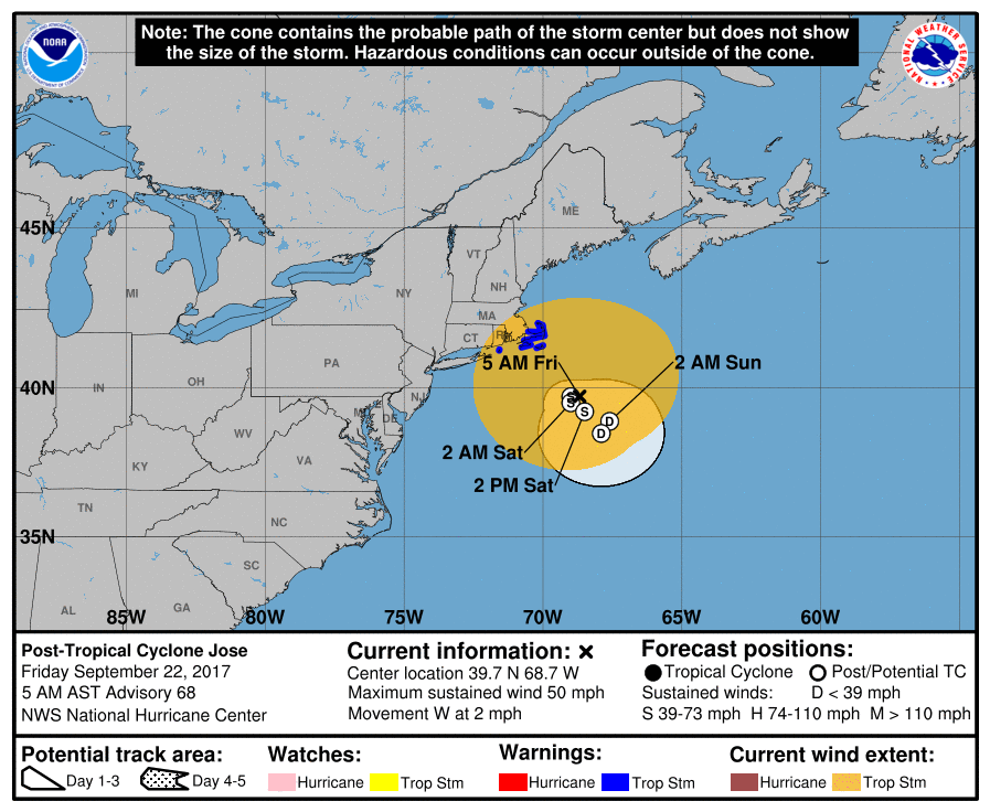 The forecasted track of Tropical Storm Jose is shown off the coast of southern New England.

		  .