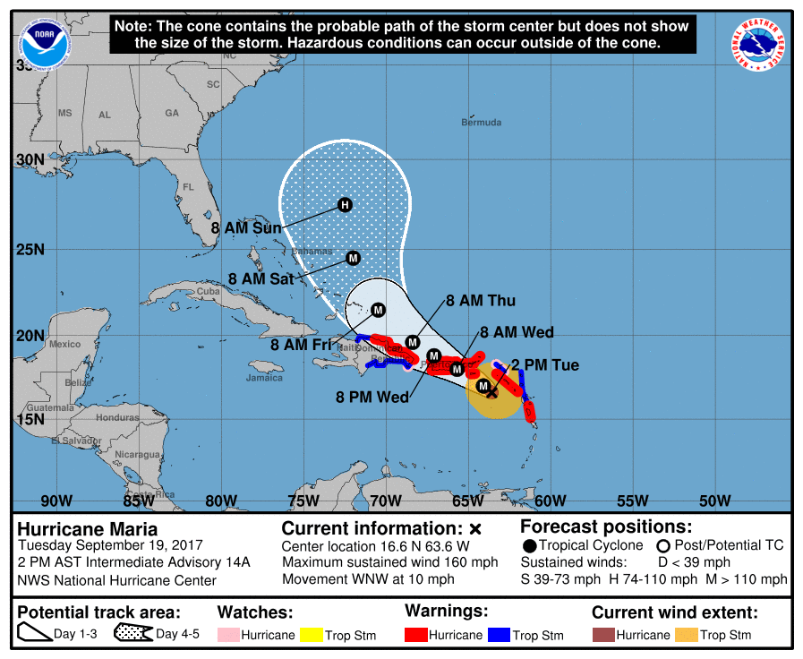 The forecasted track of Hurricane Maria is shown as it moves towards the U.S. Virgin Islands and Puerto Rico.