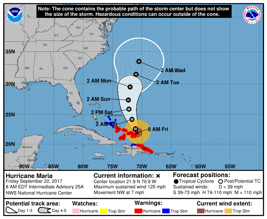 The forecasted track of Hurricane Maria is shown as it begins to north away from Puerto Rico.

		  .