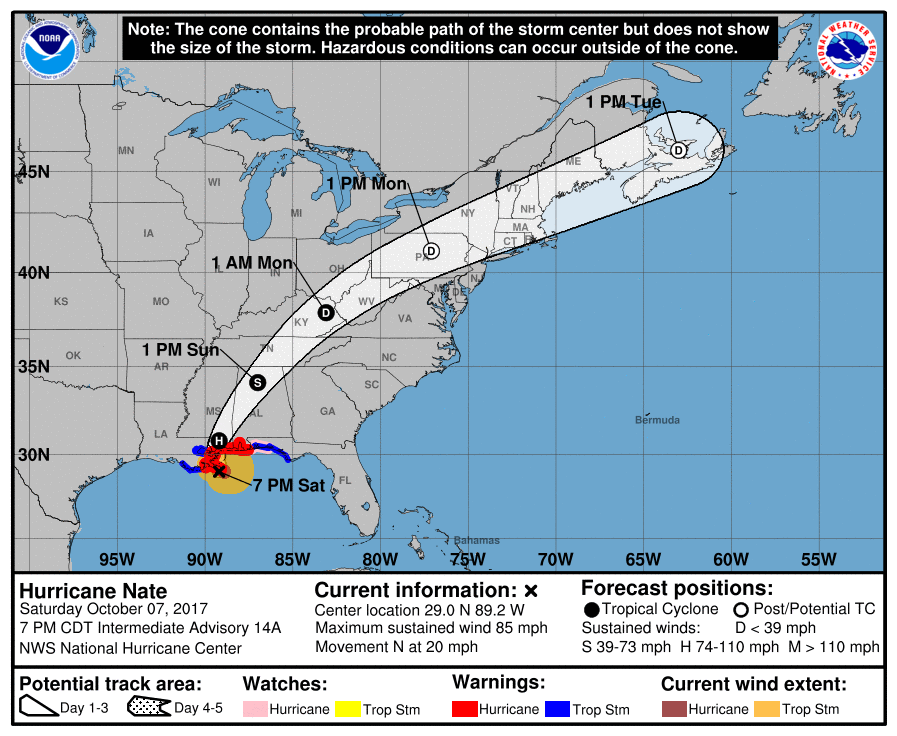 A map of the U.S. and Gulf of Mexico shows the
		  forecasted track of Tropical Storm Nate as it makes landfall in Louisiana.