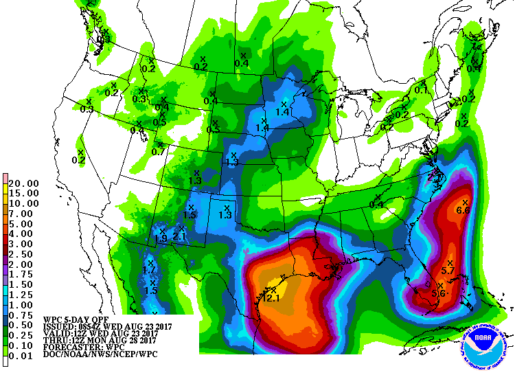 NOAA's quantitative precipitation forecast depicts up to 12.1 inches of rainfall for portions of the Texas coast over the next 5 days.