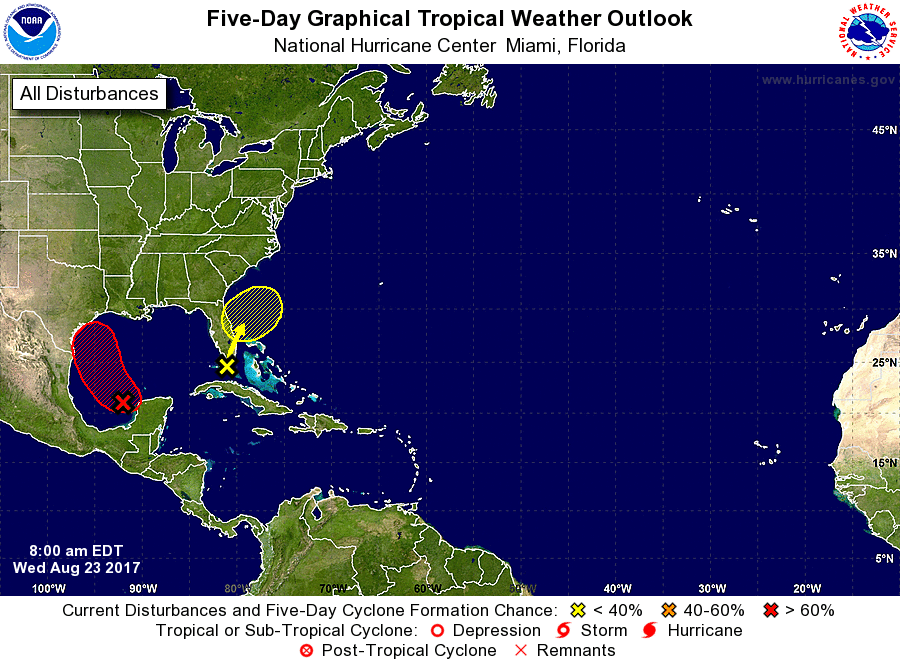 The remnants of Tropical Storm Harvey are depicted over the eastern Bay of Campeche in the Gulf of Mexico. The forecasted track of the distrubance threatens the Texas coast.