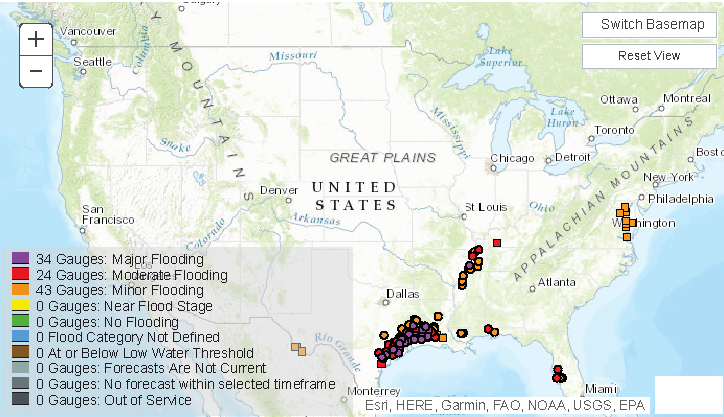 The current river flooding forecast show continued flooding from the central Texas coast east to the southwestern Louisiana coast.