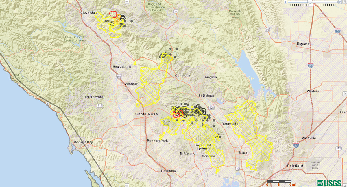 A map western United States centered on Northern California shows the extent of wildfires threatening the region.