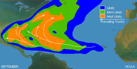 A map of the Atlantic ocean and Gulf of Mexico region depicts areas of likely, more likely, and most likely hurricane paths in September with the more likely and most likely paths occuring in both the Gulf of Mexico and the Atlantic.