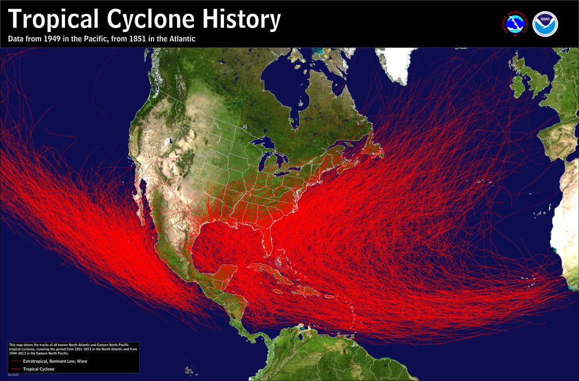 A map of the world depicts all hurricane tracks in the Altantic and Northeast Pacific hurricane regions with many tracks in the Atlantic region hitting the United States and almost none in the Northeast Pacific region hitting the United States.