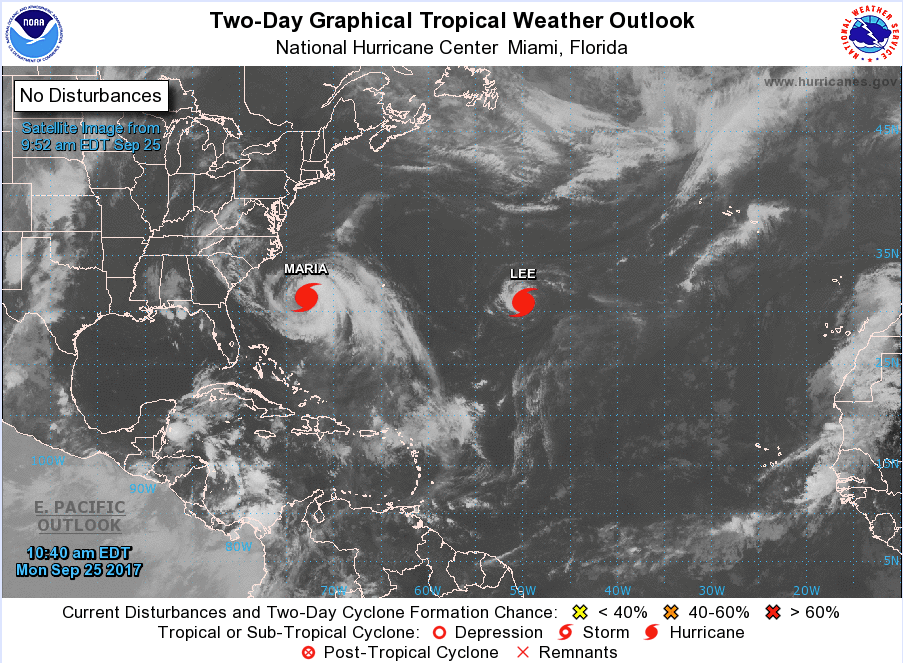 A satellite photo of the Atlantic Ocean is shown with hurricane Maria moving off shore of the United States mid-Atlantic coast and Hurricane Lee well out to sea.