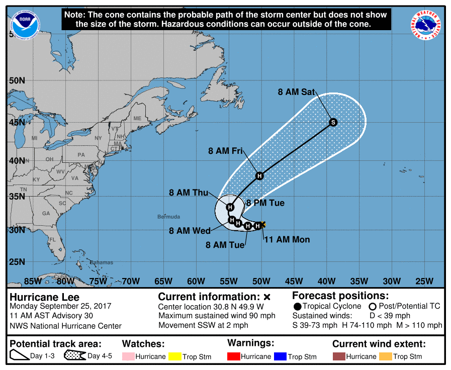 A map of the Atlantic ocean is shown with the forecasted track of Hurricane Lee turning northeastward after Wednesday, September 27th.