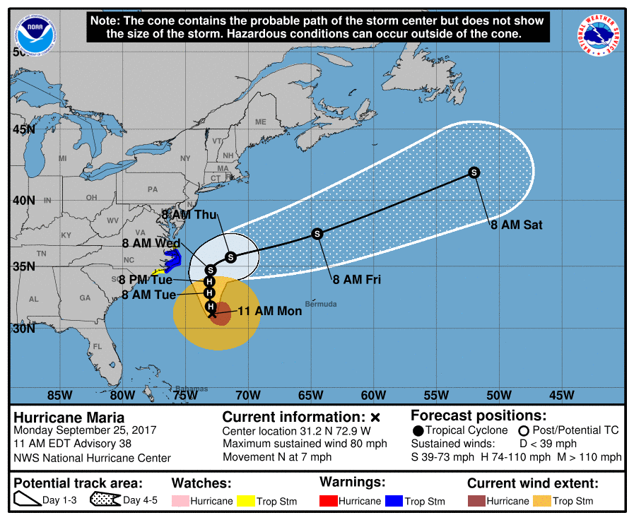 A map of the Atlantic Ocean and eastern seaboard of the United States is shown with Hurricane Maria positioned off shore but close enough to affect the eastern seaboard of the United States.