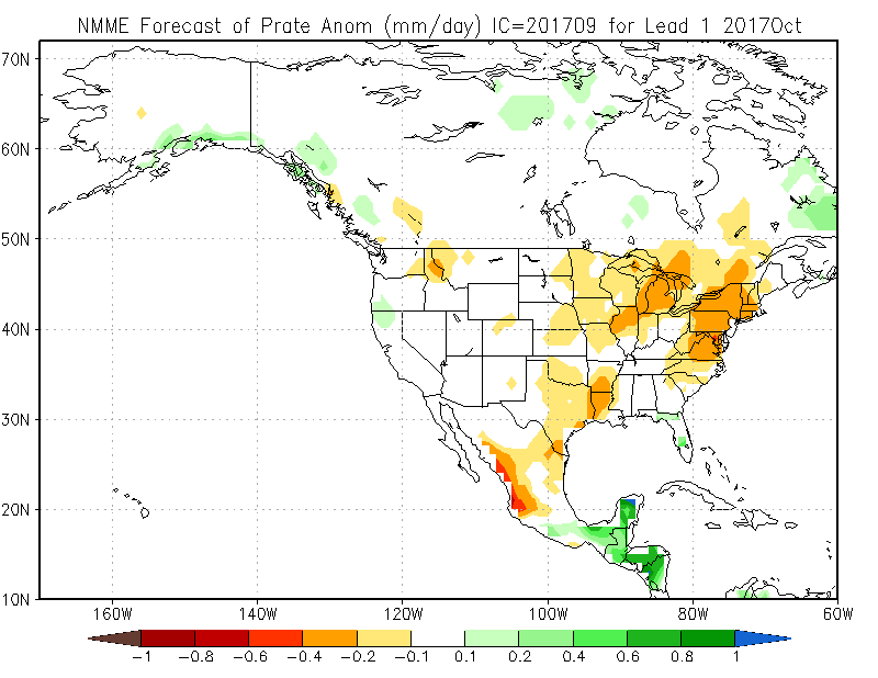 The NMME Precipitation forecast for OCT 2017 is shown on a map of the United States.