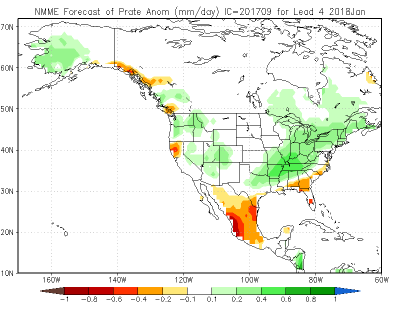 The NMME Precipitation forecast for JAN 2018 is shown on a map of the United States.
