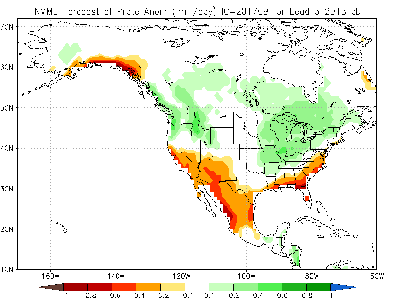 The NMME Precipitation forecast for FEB 2018 is shown on a map of the United States.