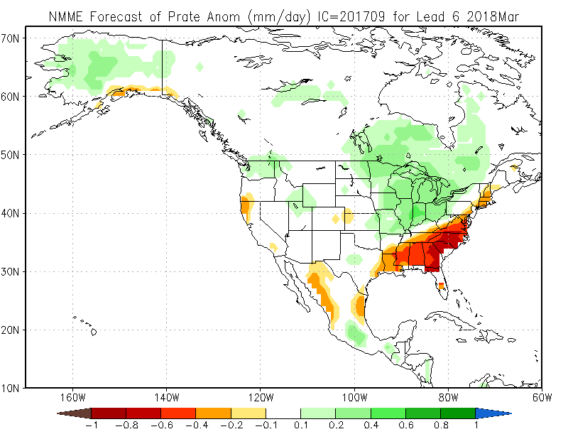 The NMME Precipitation forecast for MAR 2017 is shown on a map of the United States.