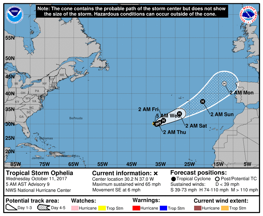 A map of the Atlantic Ocean shows the forecasted track of Tropical Storm Ophelia headed towrds the European coast.