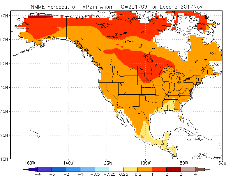 A map of the United States shows the
		  NMME Temperature forecast for NOV 2017. (Courtesy: Climate Prediction Center).
	   .