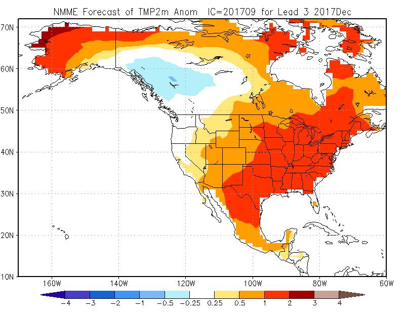 A map of the United States shows the
		  NMME Temperature forecast for DEC 2017. (Courtesy: Climate Prediction Center).
	   .