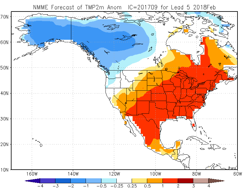 A map of the United States shows the
		  NMME Temperature forecast for FEB 2018. (Courtesy: Climate Prediction Center).
	   .