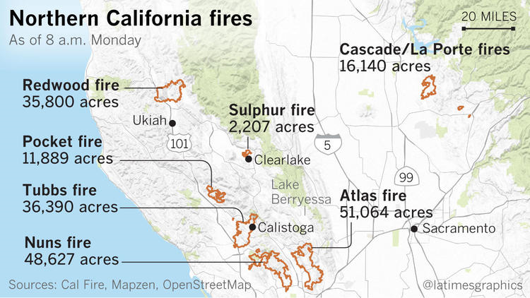 A map centred Northern California shows the active wildfires in the region.