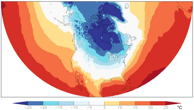A map centered on the North American continent shows average temperatures from December 25, 2017 to January 7, 2018
                as color gradients with blue meaning cold and red meaning warm
               .
