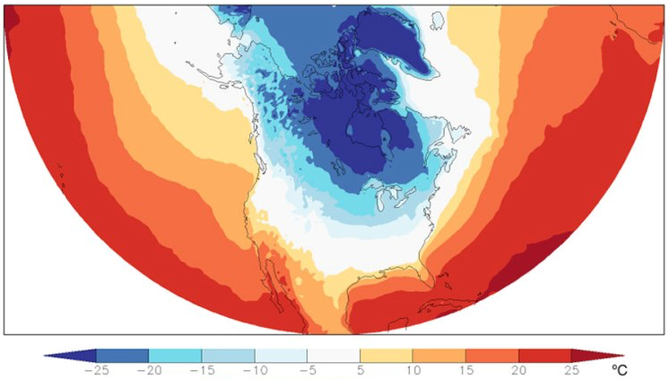 A map centered on the North American continent shows average temperatures from December 25, 2017 to January 7, 2018
                as color gradients with blue meaning cold and red meaning warm
               .