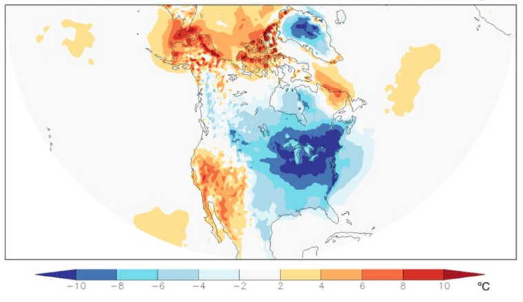 A map centered on the North American continent shows temperature as departures from normal temperature
                from December 25, 2017 to January 7, 2018 over the Great Lakes region
               .