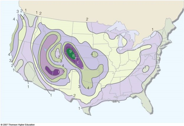 A map showing the Figure 4. Average annual hail days in the USA. (courtesy:  Lyndon State College)