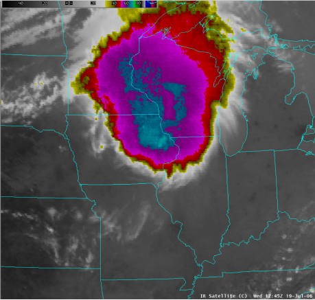 A map showing the <strong>Figure 5.</strong> An enhanced infra-red satellite image of a large MCC covering almost all of Wisconsin, eastern Minnesota and eastern Iowa. (courtesy:  NOAA)