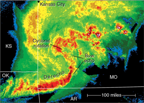 A map showing the <strong>Figure 6.</strong> Radar image of showing derechos and bow echoes that produce straight line wind damage. Reds and oranges depict most intense rainfall and associated  strongest winds. (courtesy:  NOAA)