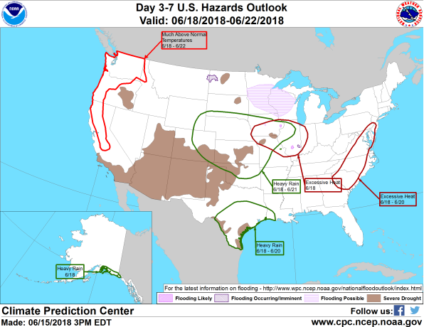 A map showing the 3-7 Day Hazards Outlook (Courtesy: Climate Prediction Center)
