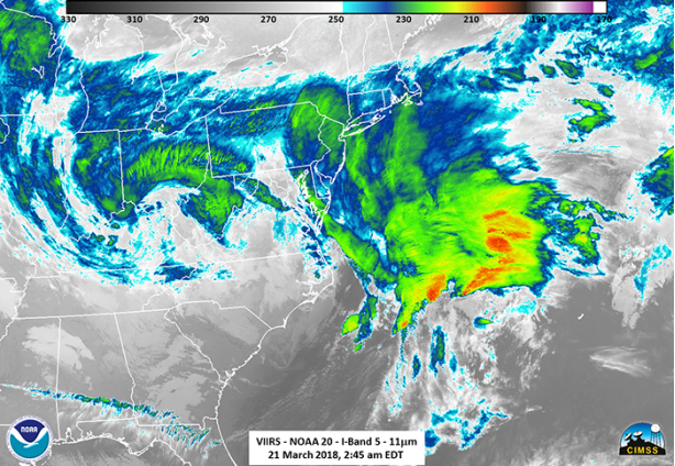 Figure 2. NOAA-20 caught this image of the fourth Nor'easter to batter the East Coast during the past winter on March 21 (courtesy:  NOAA)