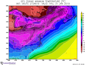 Figure 2. Forecast minimum temperatures over the Northern Plains and Midwest on Wednesday 30<sup>th</sup> January and over the Northeast on Thursday 31<sup>st</sup> January. (Courtesy: CustomWeather).