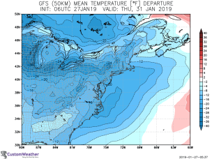 Figure 3. Forecast minimum temperature departures from normal over the Northern Plains and Midwest on Wednesday 30<sup>th</sup> January and over the Northeast on Thursday 31<sup>st</sup> January. (Courtesy: CustomWeather).